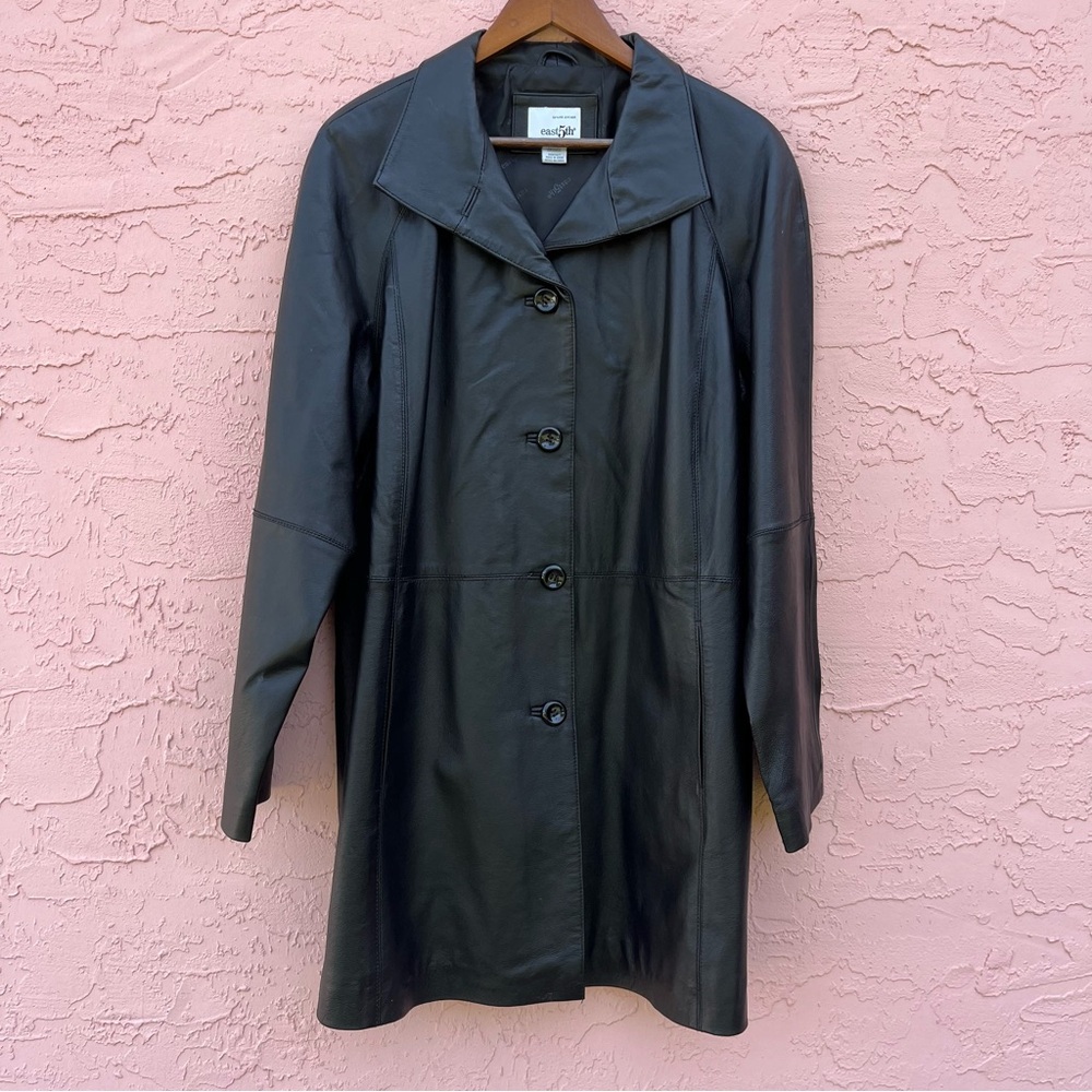 East Fifth Long Leather Black Coat Jacket Pockets Trench Size XL